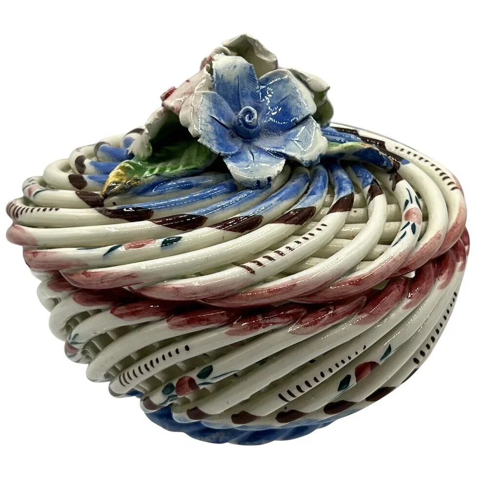 Vtg Hand Painted Spanish Porcelain Trinket Box Twig Style Basket Bloomcore Spain